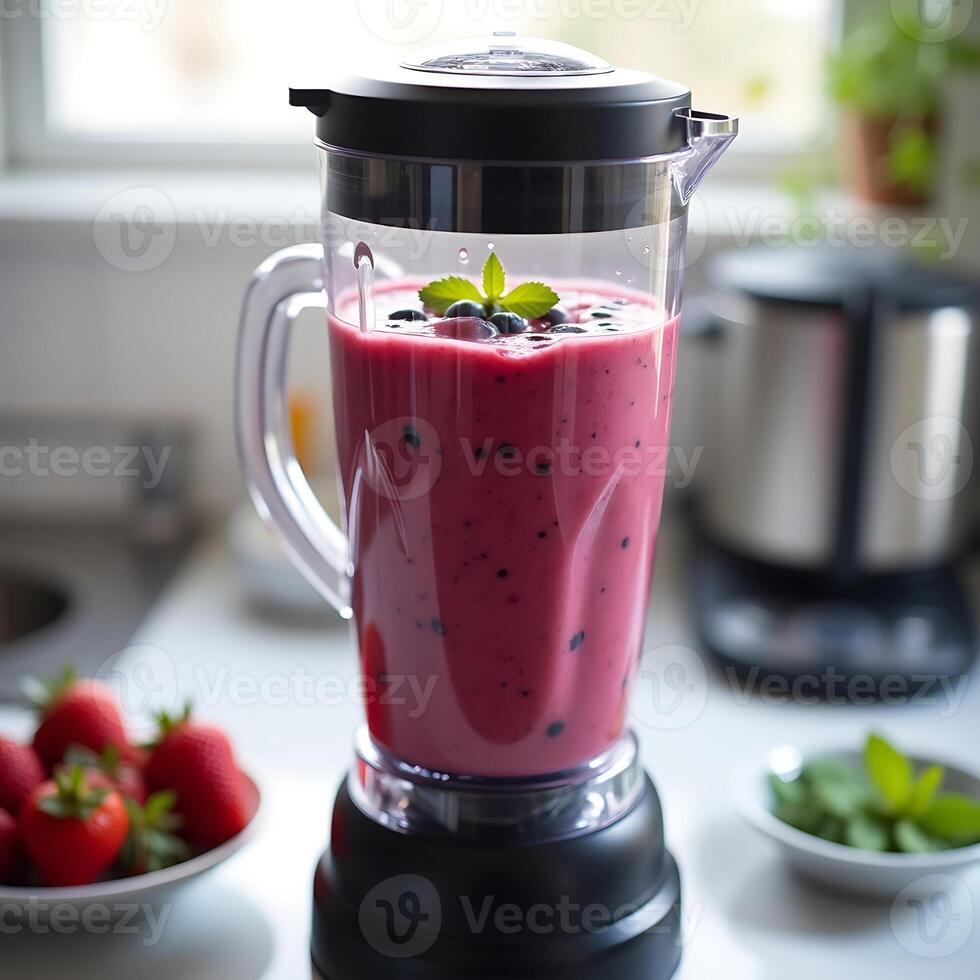 Berry Smoothie in Blender on Kitchen Counter Ready to Serve photo