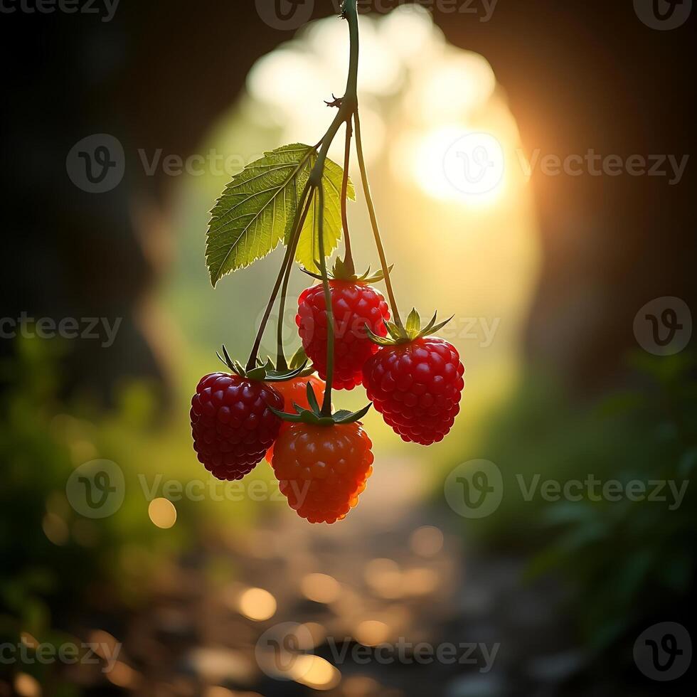 Harvesting Ripe Raspberries at Sunset in a Garden Setting photo