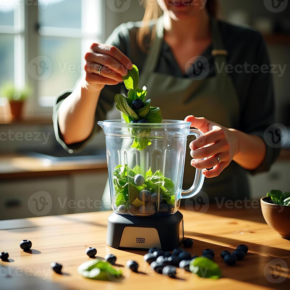 Person Adding Spinach and Blueberries to Blender for Smoothie photo