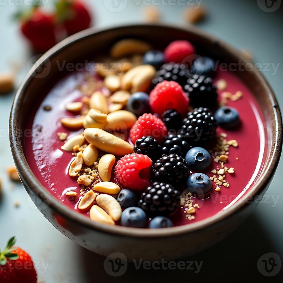 Berry Smoothie Bowl with Nuts Healthy Food Close-up photo
