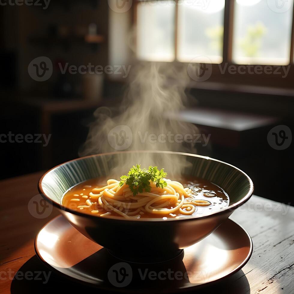 Serving of Steaming Noodle Soup with Fresh Herbs in Bowl photo