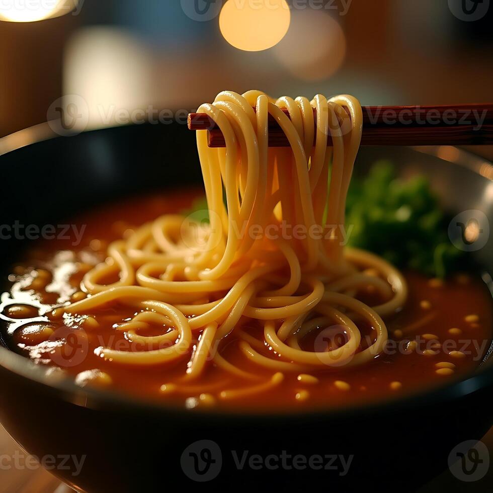 Eating Noodles with Chopsticks From Bowl with Broth photo