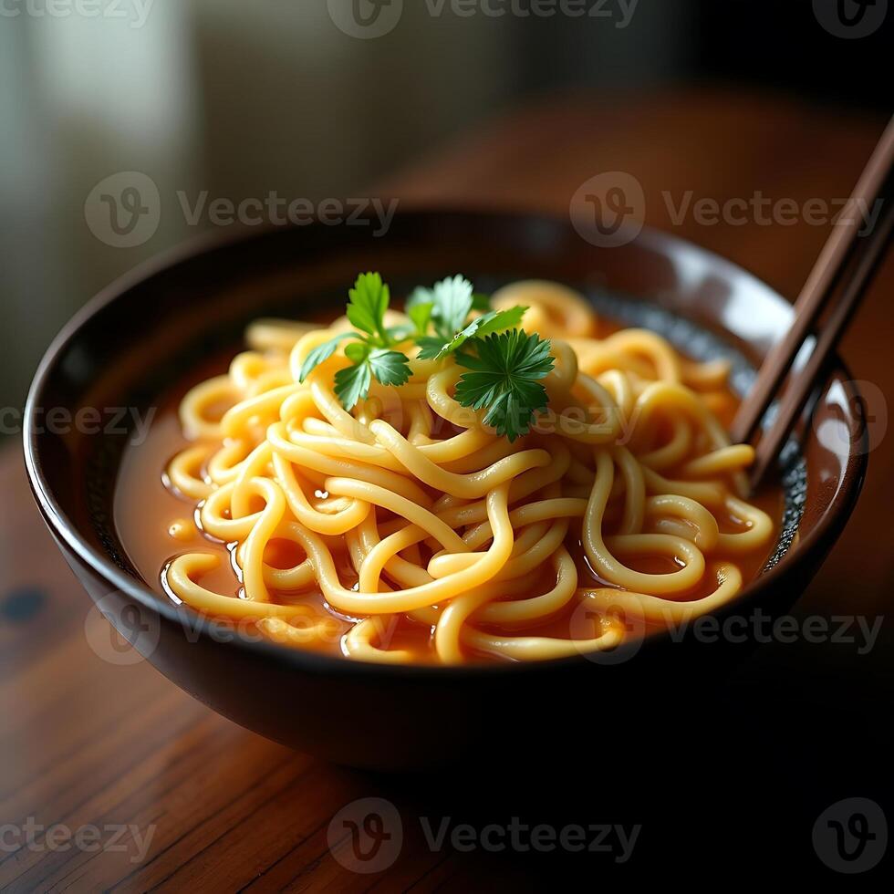 Serving of Noodle Soup Garnished with Parsley and Chopsticks photo