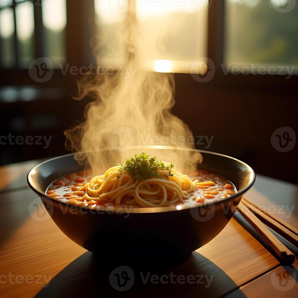 Serving Hot Pasta Dish with Steam in Dark Bowl with Chopsticks photo