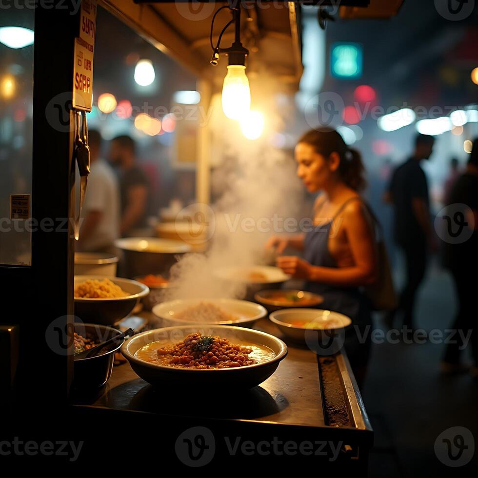 Preparing Street Food at Night with Steaming Dishes and City Lights photo