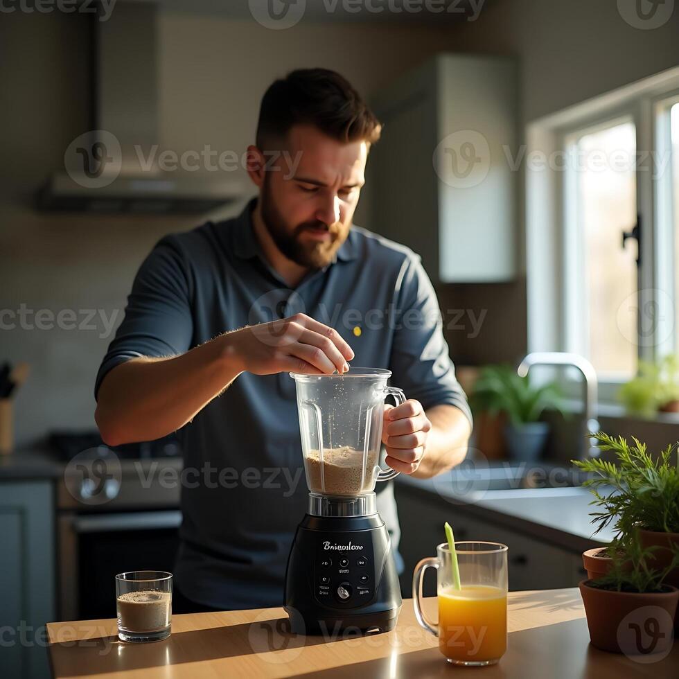 Man Preparing Smoothie in Kitchen with Blender and Juice photo
