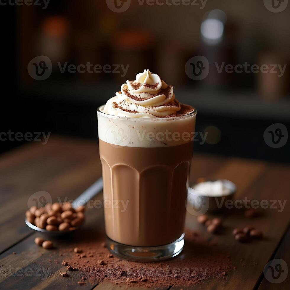 Chocolate Drink with Whipped Cream and Cocoa Powder on Wooden Table photo
