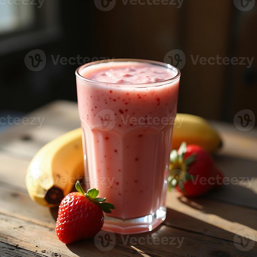 Enjoying a Strawberry Smoothie with Banana and Fruit photo