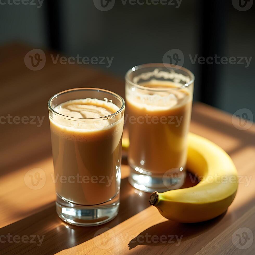 Preparing Banana Smoothie Two Glasses and Banana on a Table photo