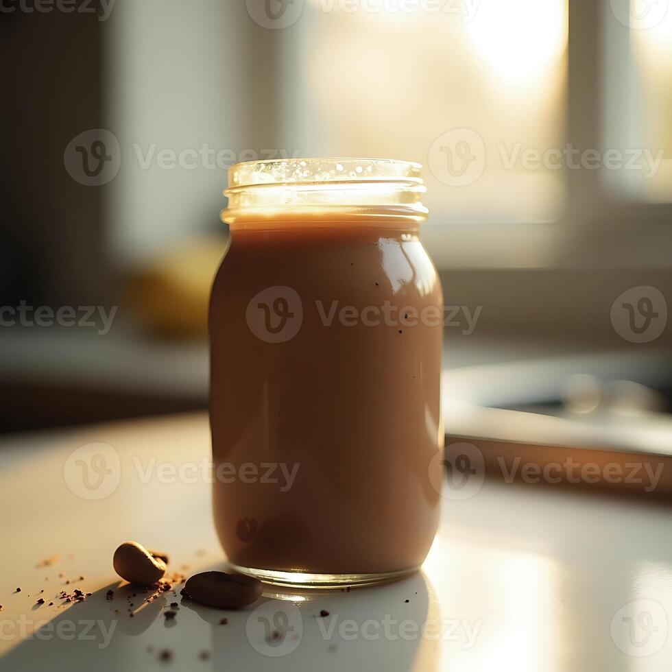 Smoothie in Jar with Beans and Cocoa Powder by Window photo