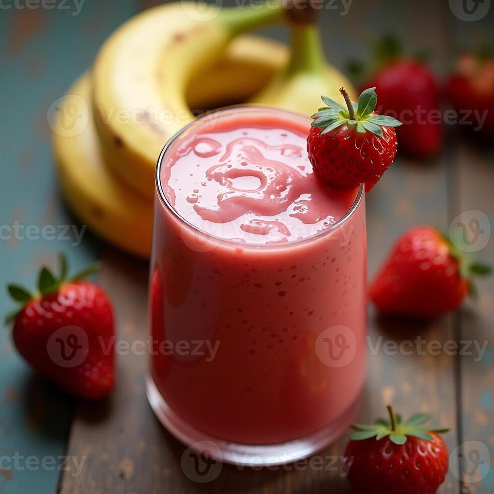 Preparing Strawberry Banana Smoothie in Glass with Fresh Fruit photo