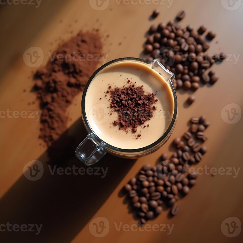 Pouring Coffee with Powder and Beans Overhead Drink Still Life photo