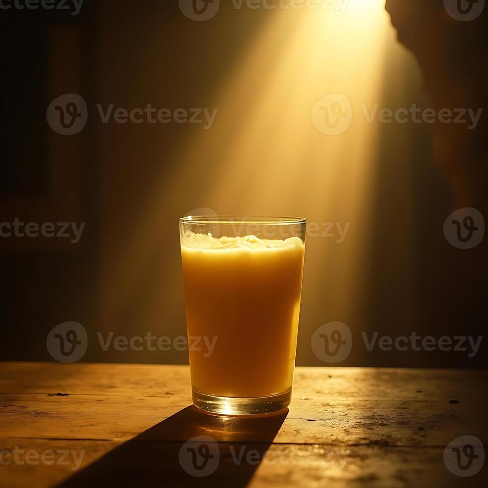 Glass of Orange Juice on Rustic Wood Table with Dramatic Lighting photo