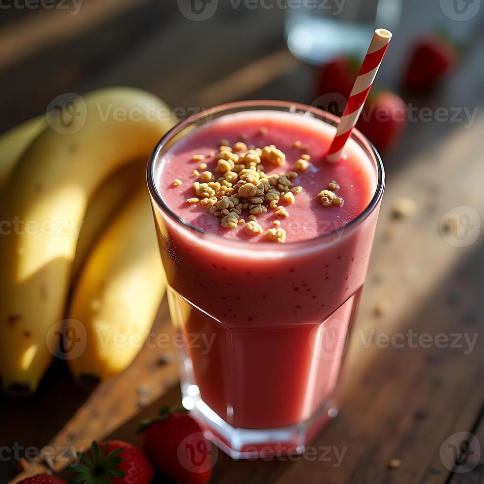 Strawberry Banana Smoothie with Granola Topping and Red Striped Straw photo