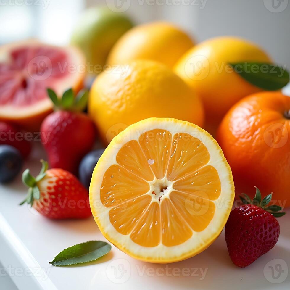 Fresh Citrus Fruits and Berries Still Life Composition photo