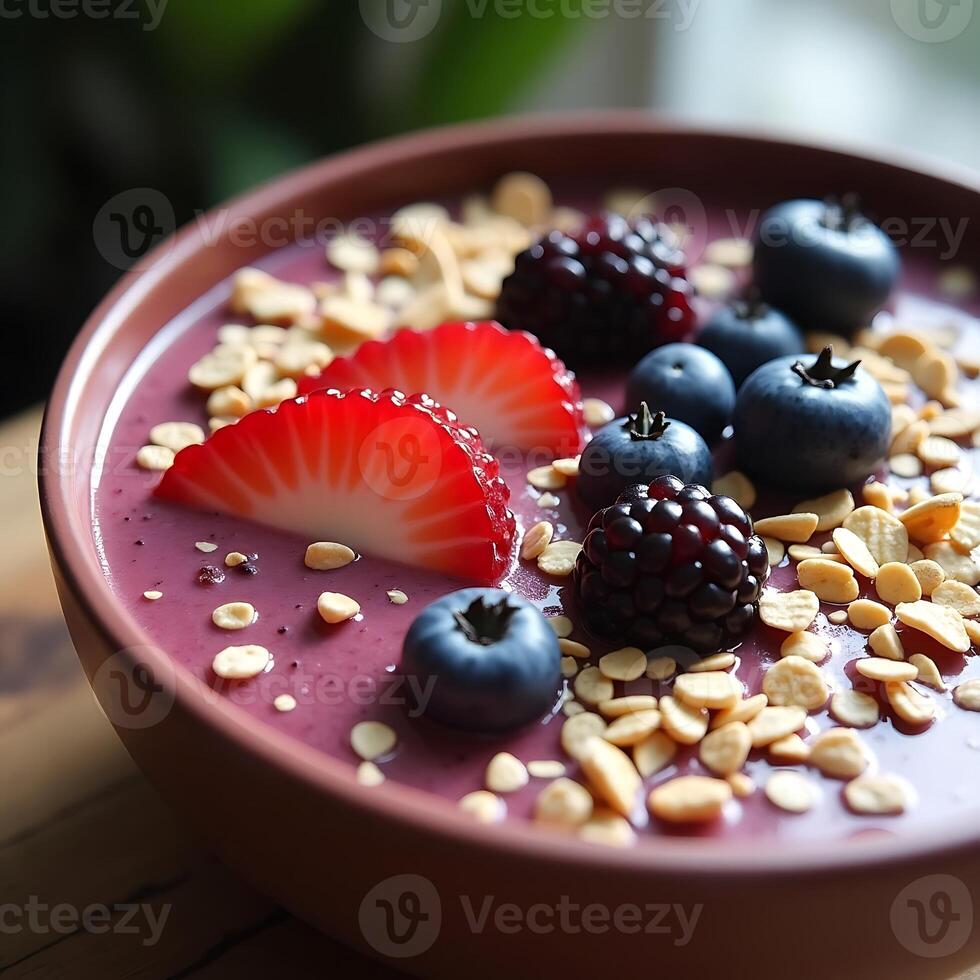Berry Smoothie Bowl with Strawberries and Granola Topping photo