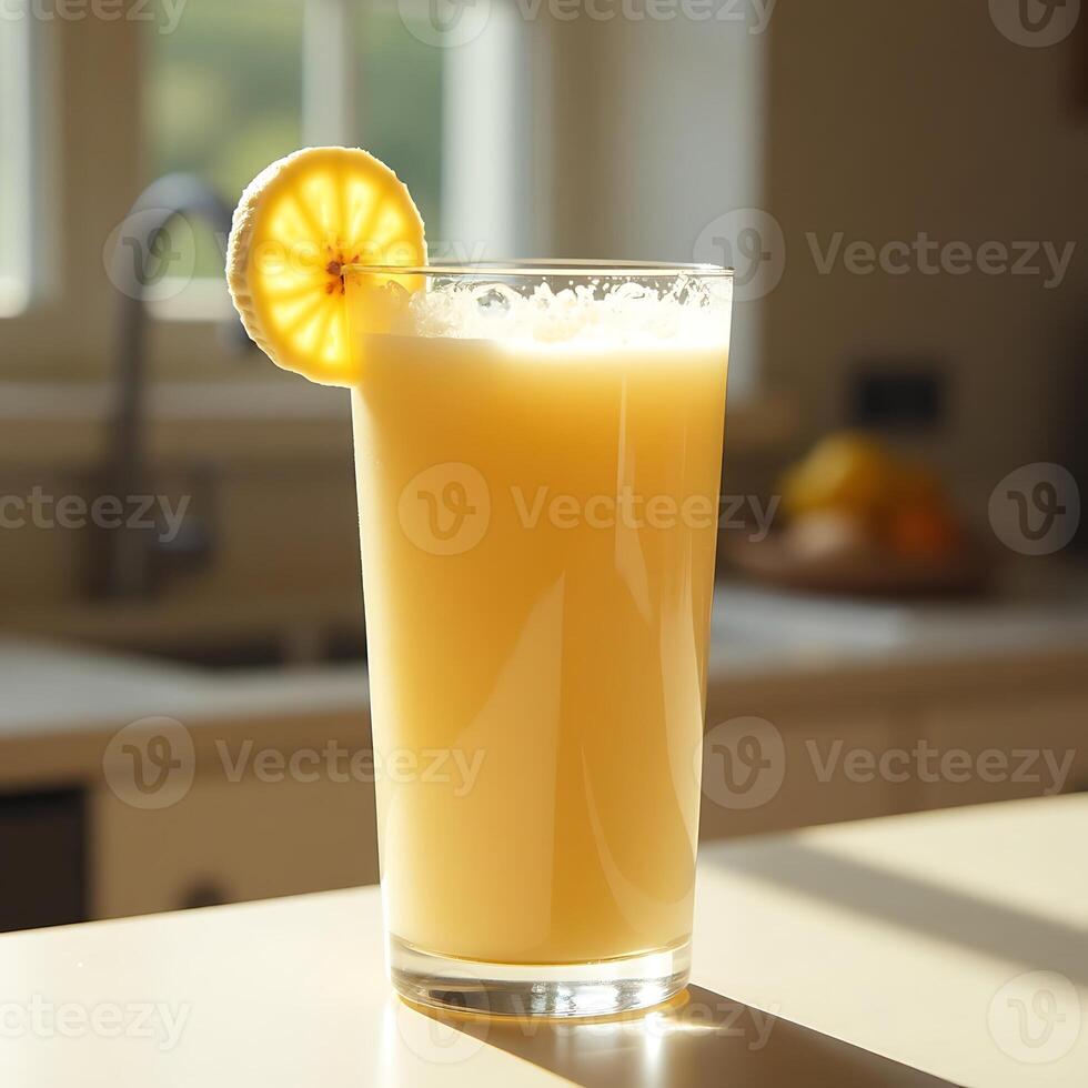 Serving of Orange Juice with Lemon Slice in Bright Kitchen photo