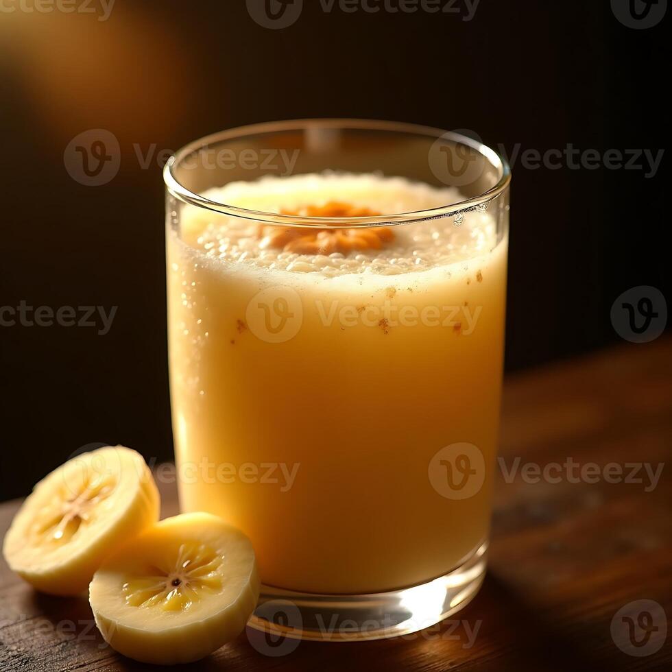 Banana Smoothie in Glass with Banana Slices on Wooden Table photo