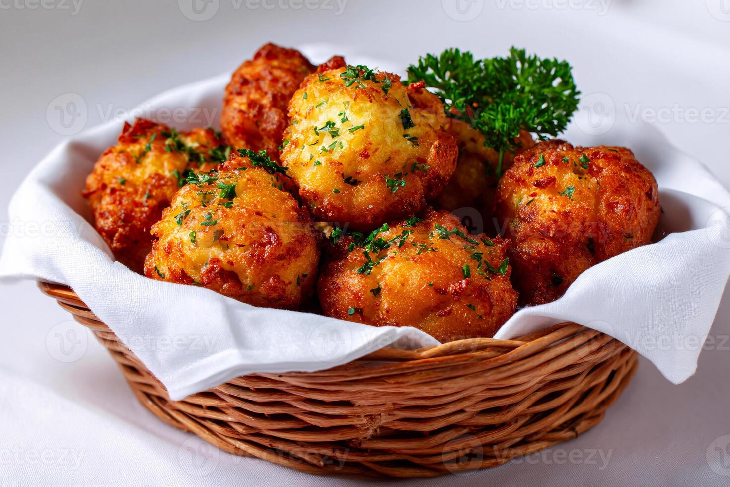 tempting hushpuppy in the cozy corner on a white background, in a clean food photography style photo