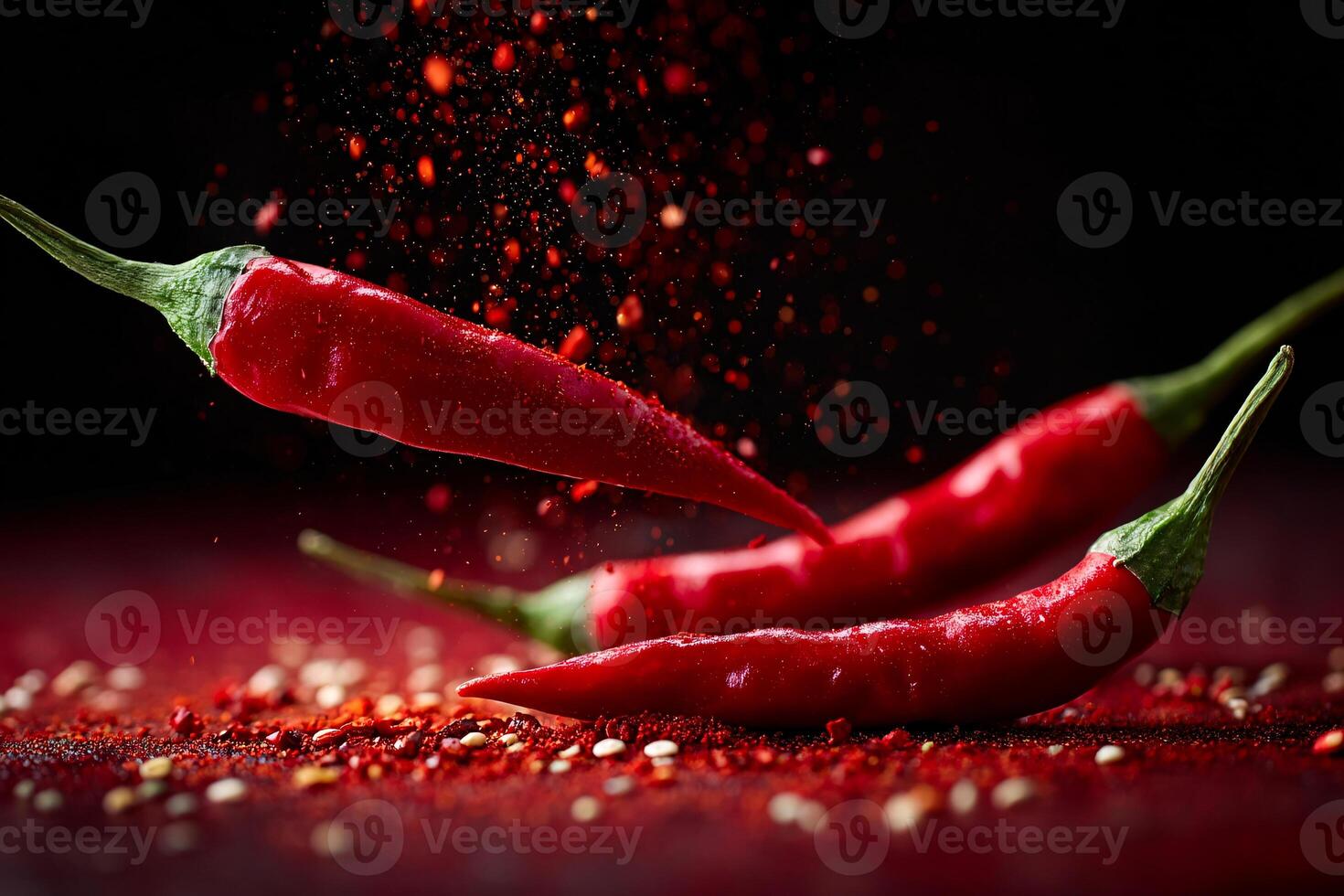 Flying chili peppers with powder, deep red background, sharp close up, dramatic low angle view photo
