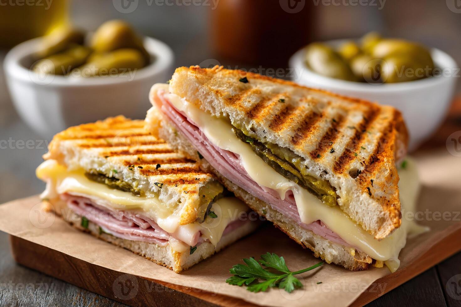 tempting cuban sandwich in the cozy corner on a cream background, in a clean food photography style photo