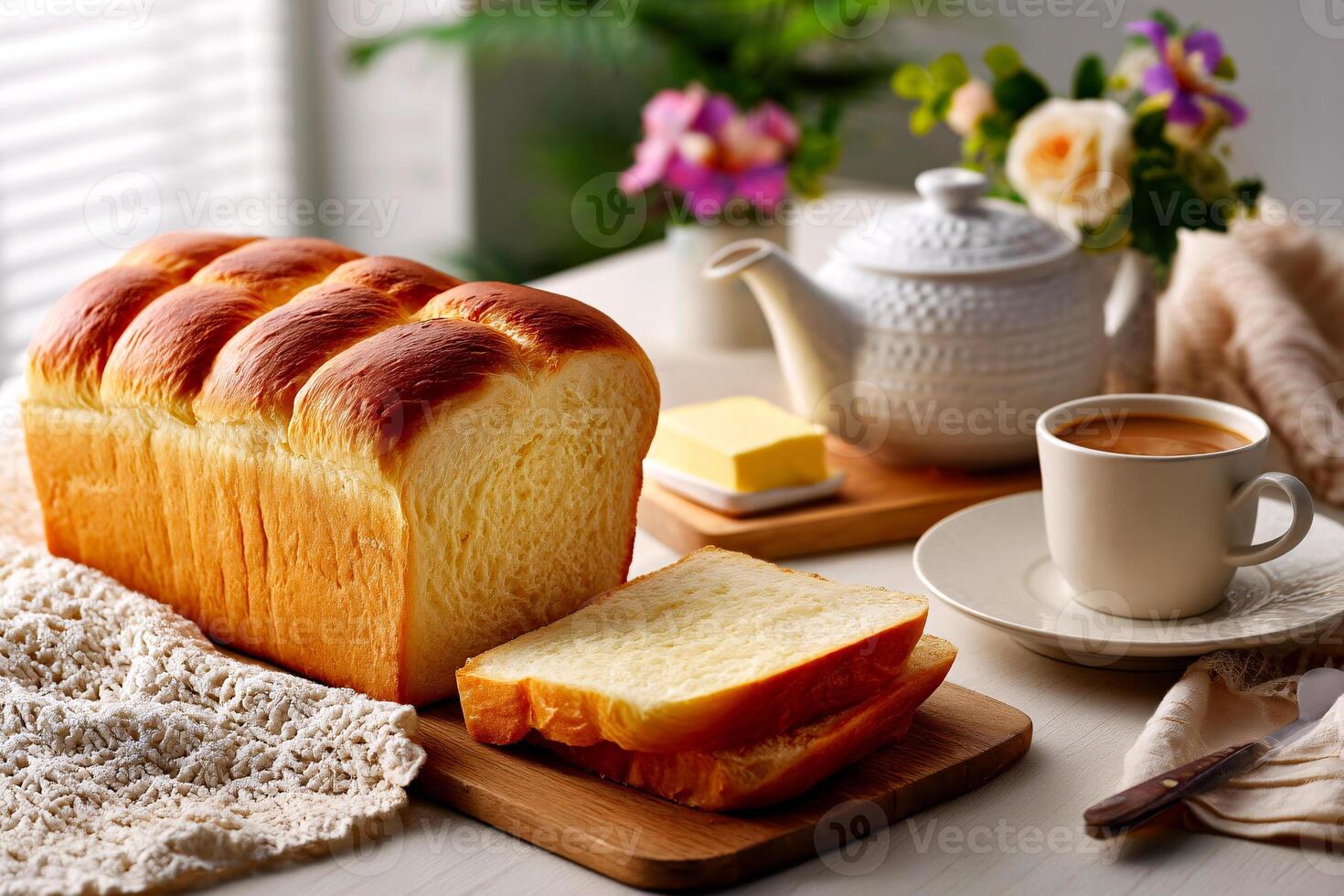 tempting pullman loaf in the cozy corner on a cream background, in a clean food photography style photo