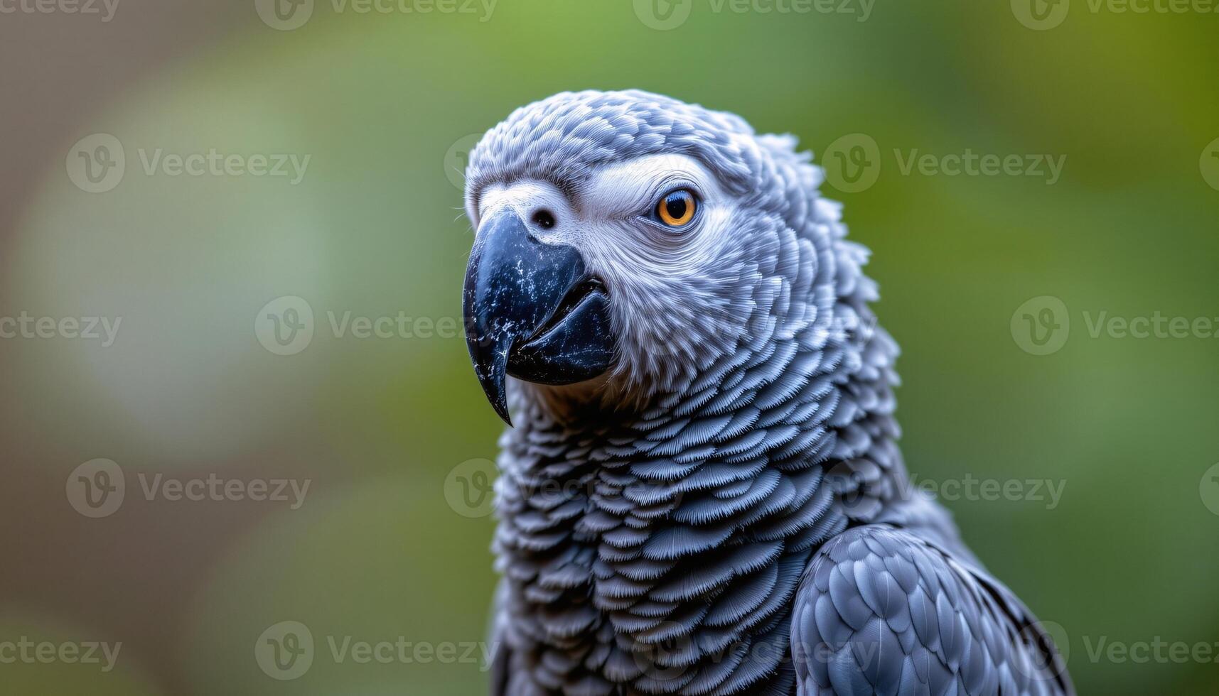 a close up of a colorful single grey parrot bird, detailed feathers, facing the camera photo