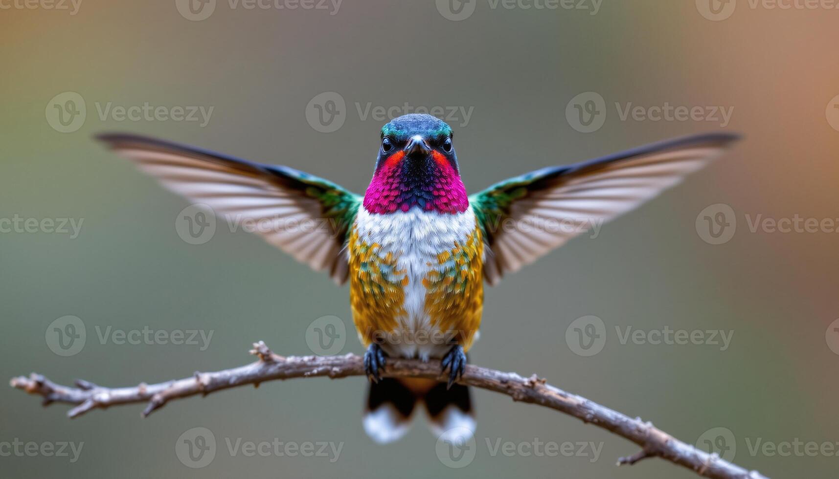 a close up of a colorful single hummingbird, detailed feathers, facing the camera photo