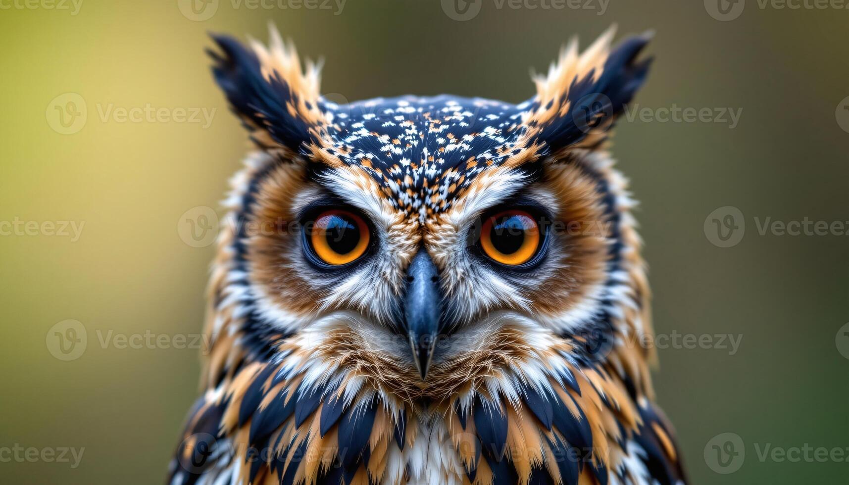 a close up of a colorful single owl, detailed feathers, facing the camera, full body visible photo