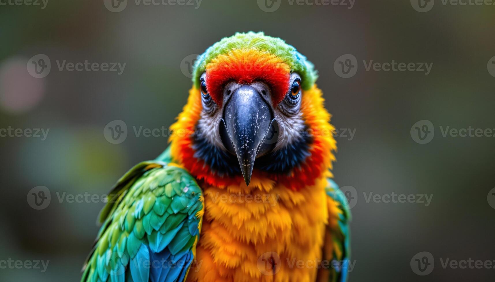 a close up of a colorful single macaw bird, detailed feathers, facing the camera, full body visible photo