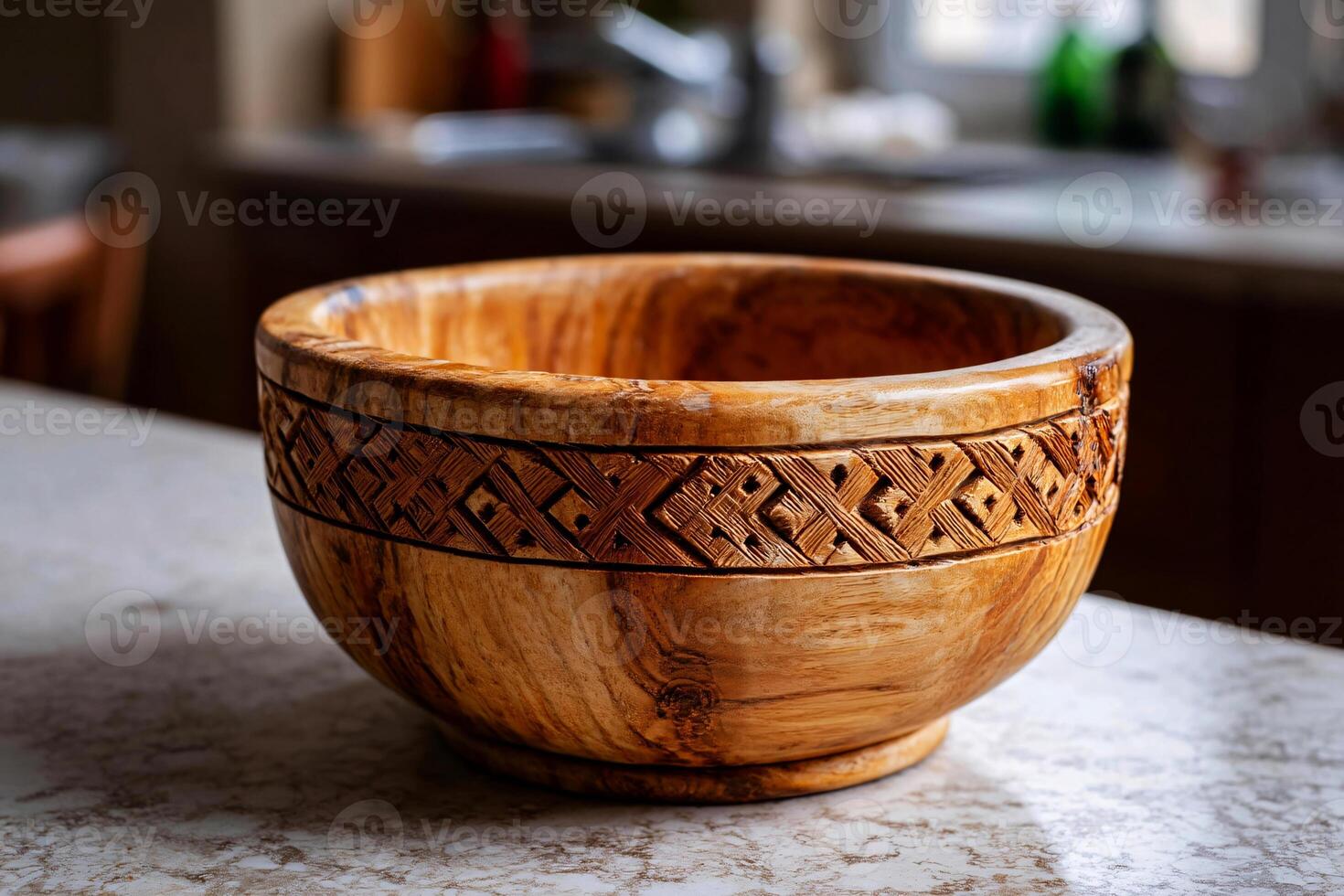 intricate hand carving on olive wood bowl, artisan craftsmanship, rustic kitchen decor photo