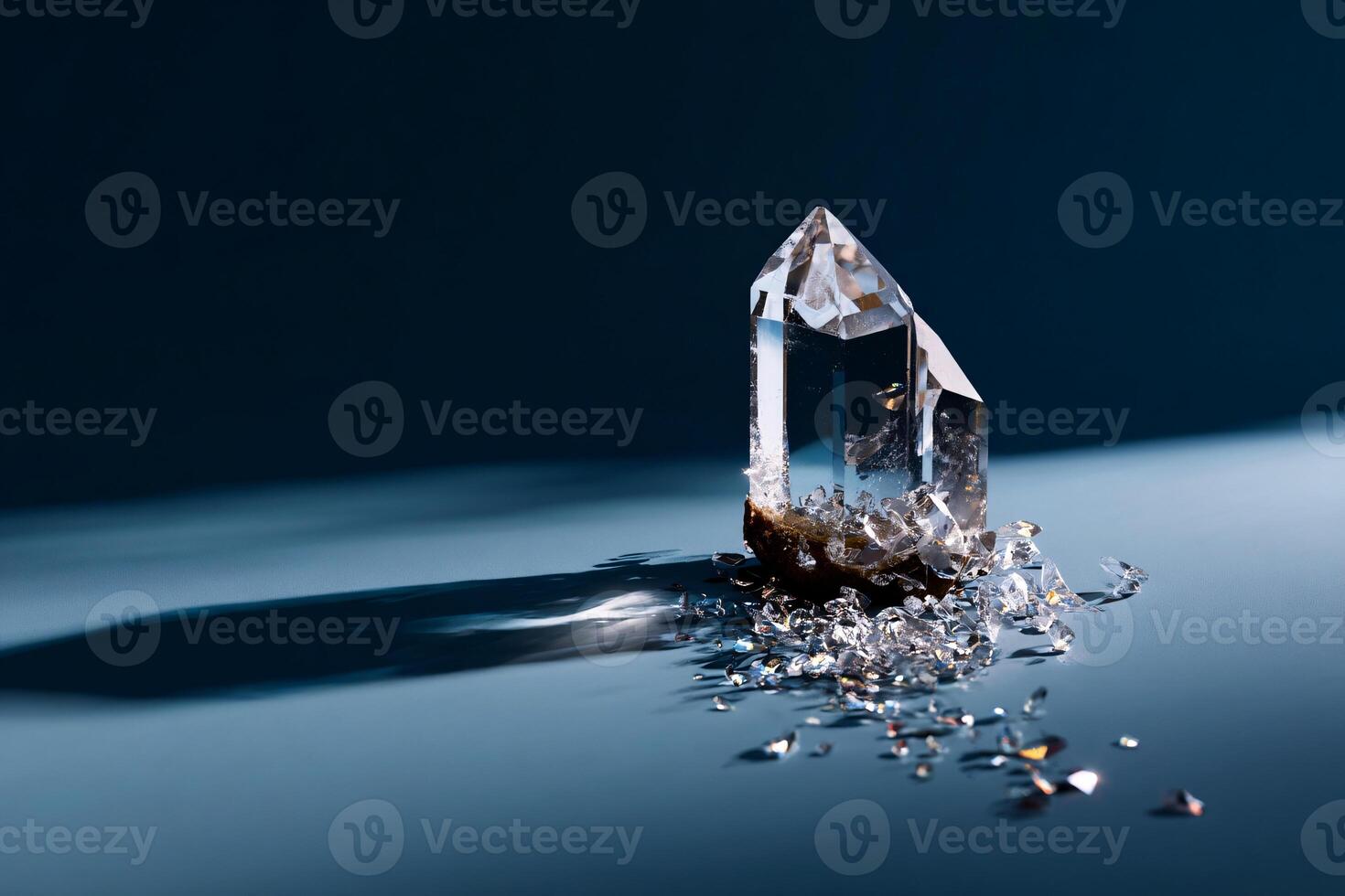 Crystal on deep navy background, tip dissolves into shards, soft shadow, dreamy soft lighting photo