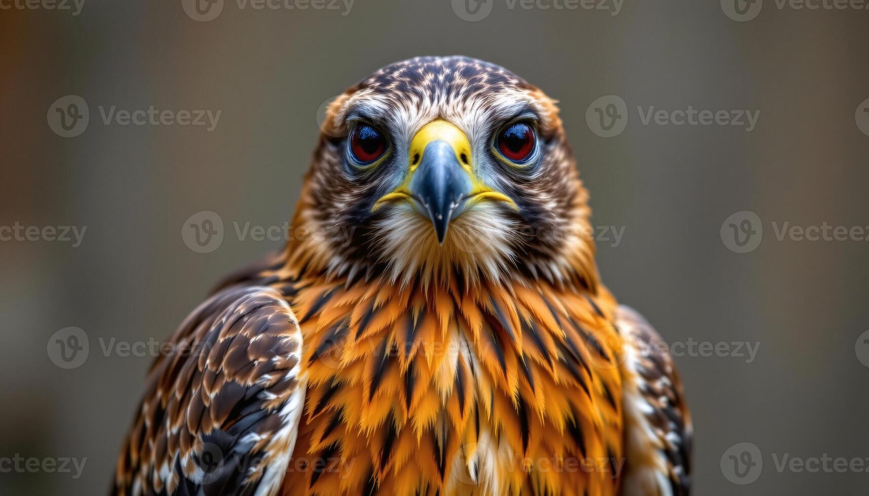a close up of a colorful single hawk, detailed feathers, facing the camera, full body visible photo