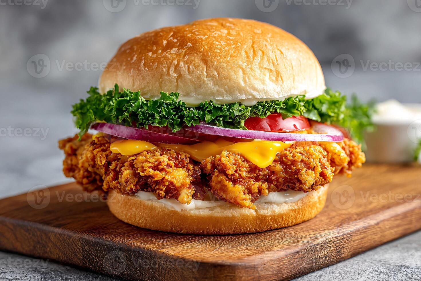 chicken sandwich in the rustic corner on a light gray background photo
