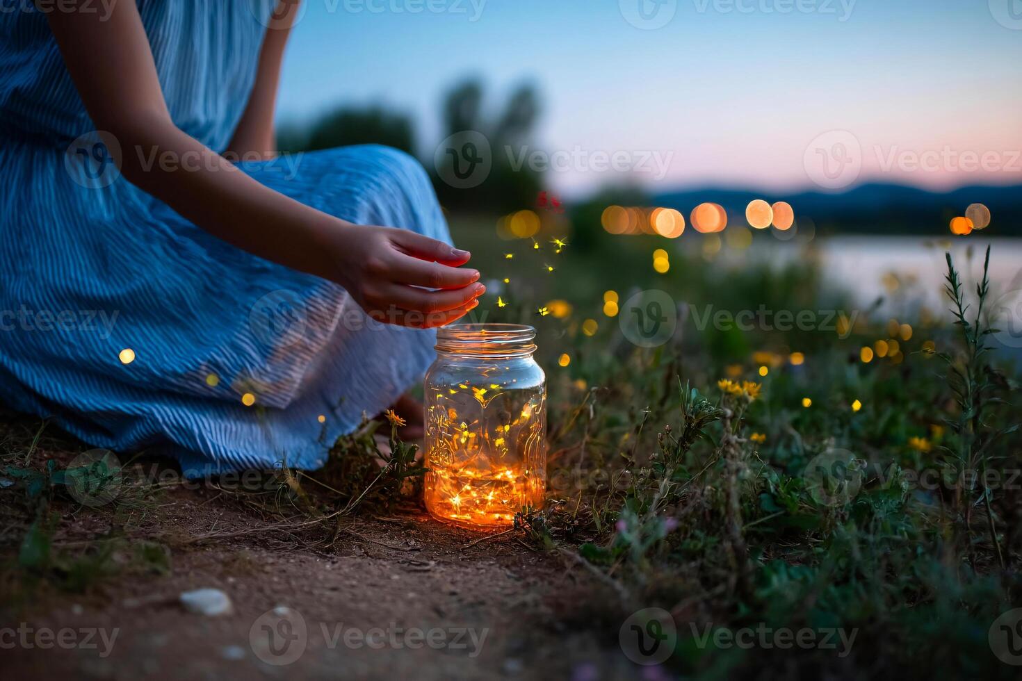 Girl lets glowing fireflies fly from a jar, capturing summer magic and warm night memories photo