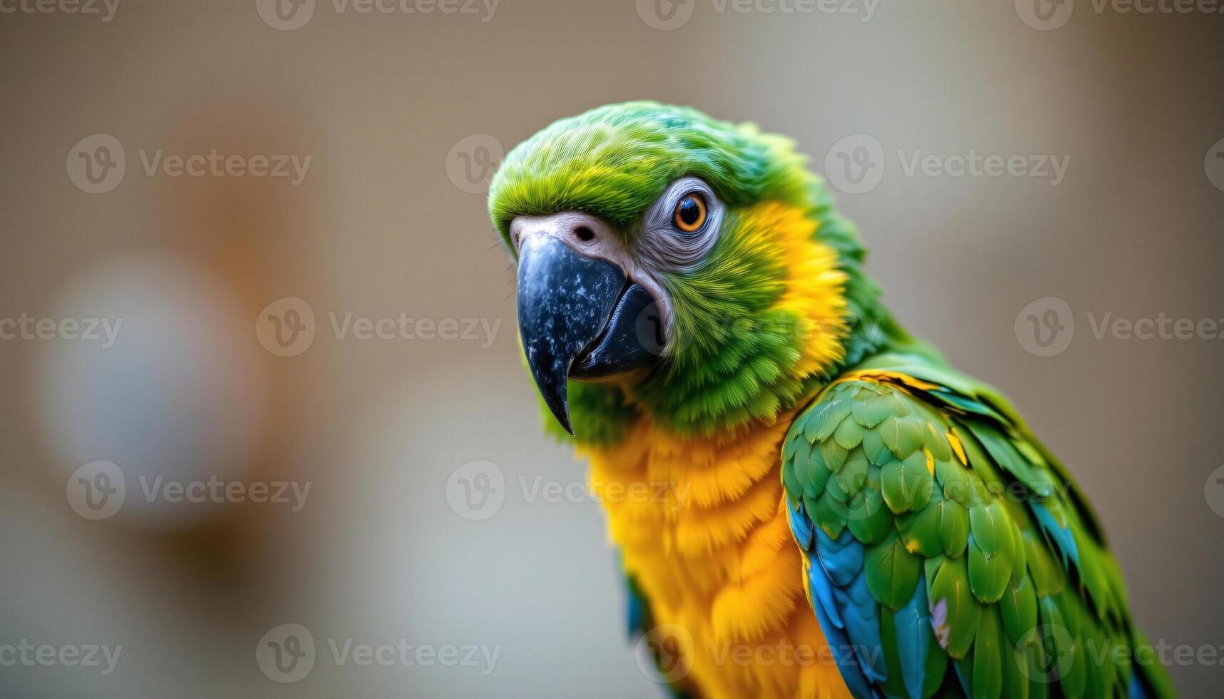 a close up of a colorful single amazon parrot bird, detailed feathers, facing the camera photo