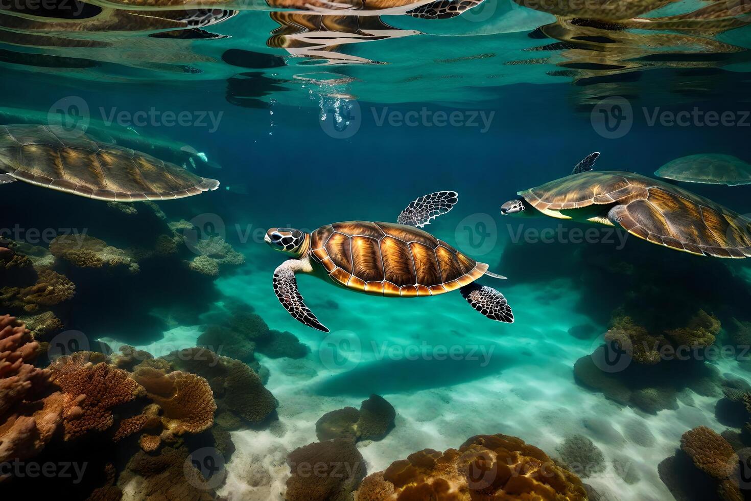 A group of turtles swimming in the ocean photo