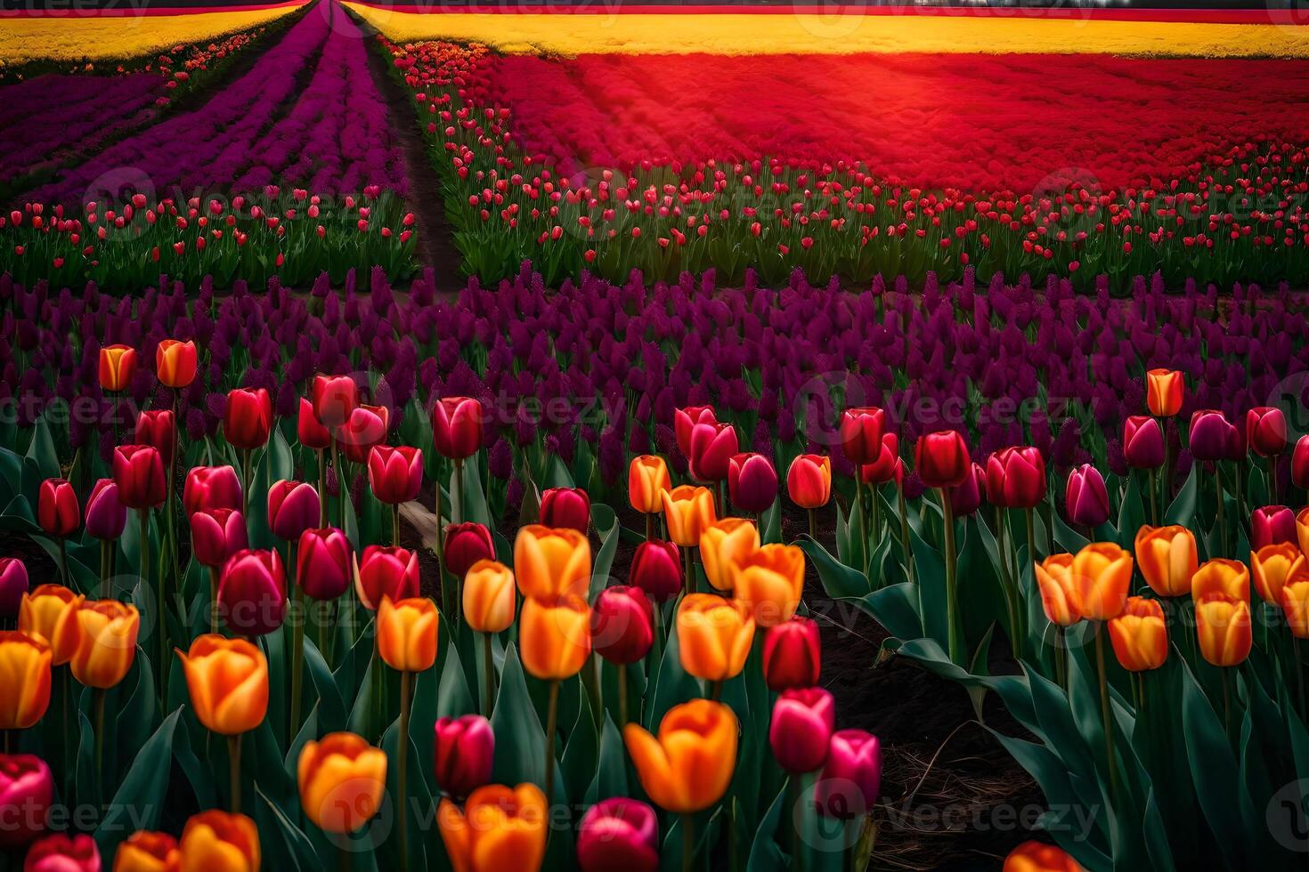 A field of tulips at sunset with a beautiful sunset photo
