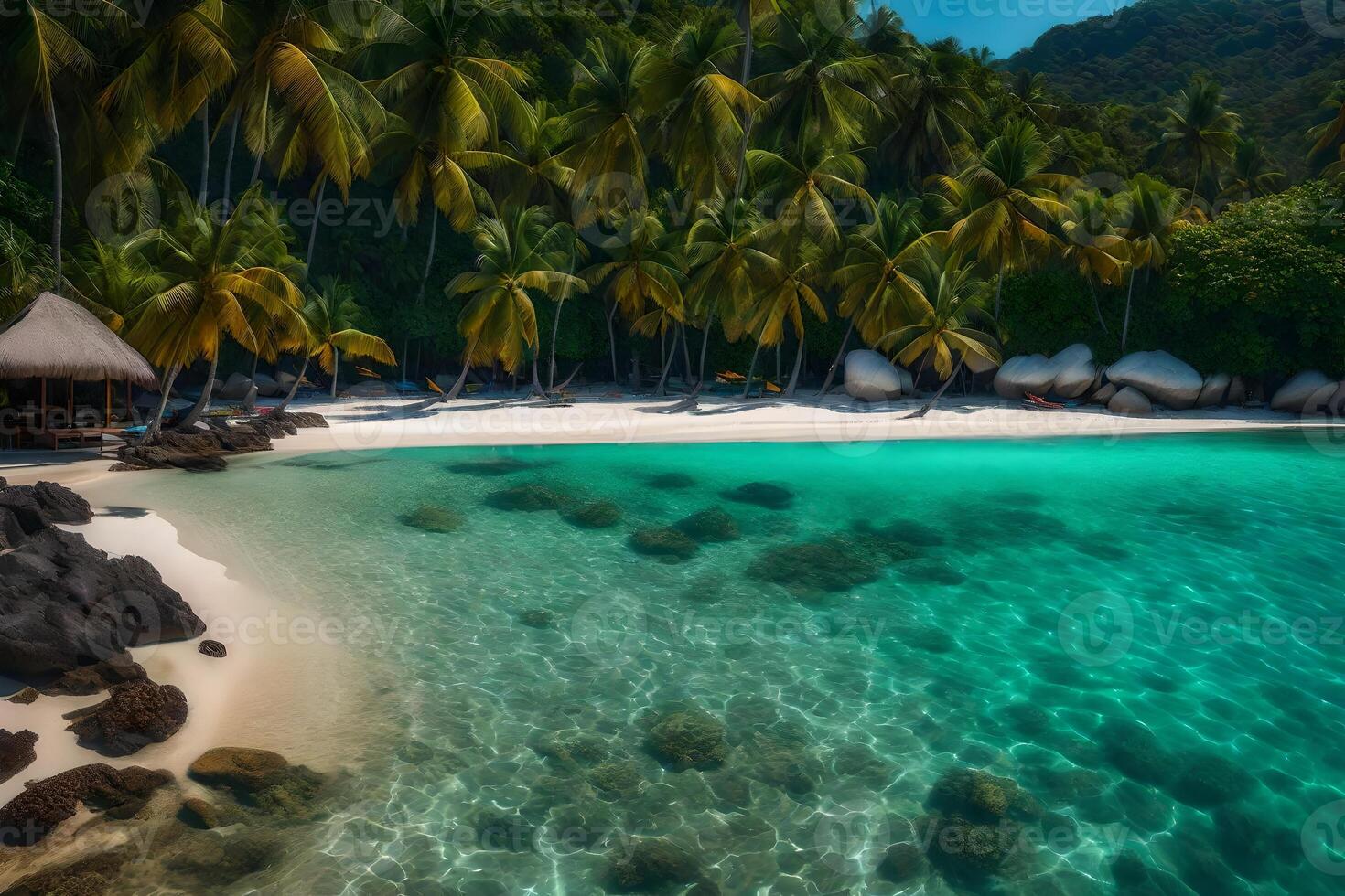 A tropical beach with palm trees and a hut photo