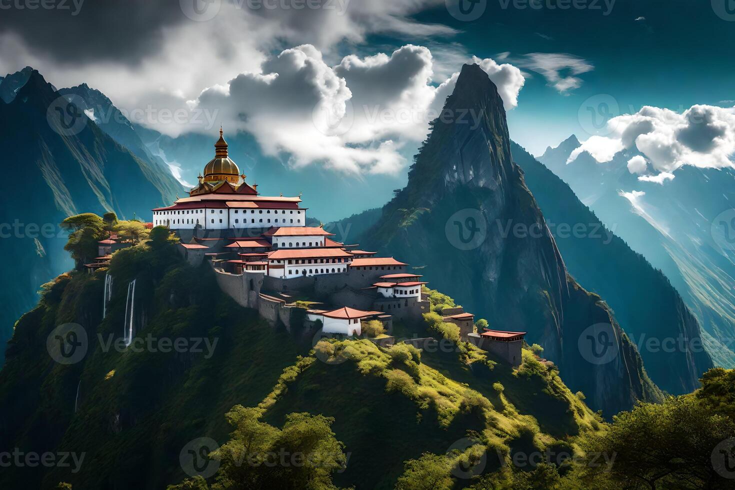 The buddhist temple is perched on top of a mountain photo