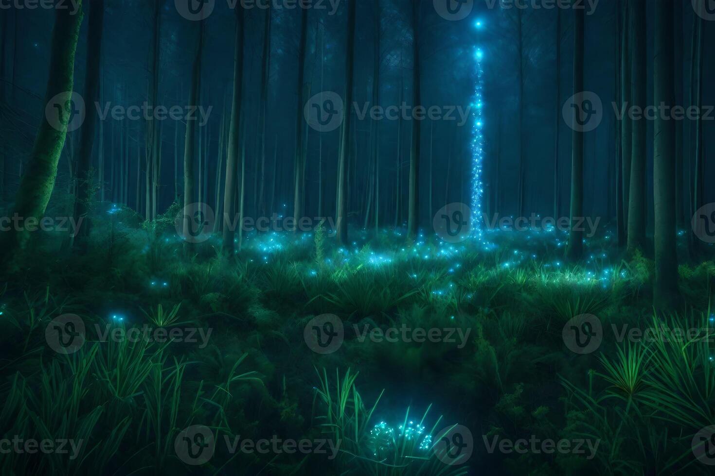 A forest with glowing trees and grass photo
