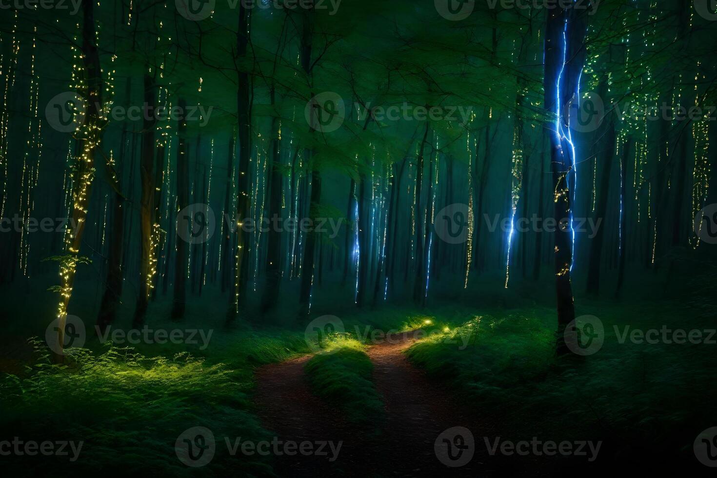 A path through the woods with lights on the trees photo