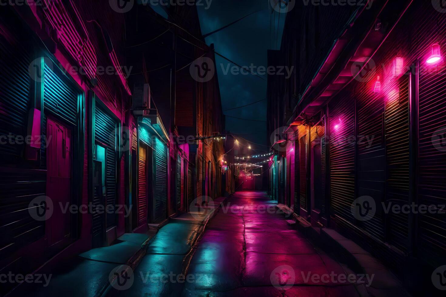 A dark alley with neon lights on it photo