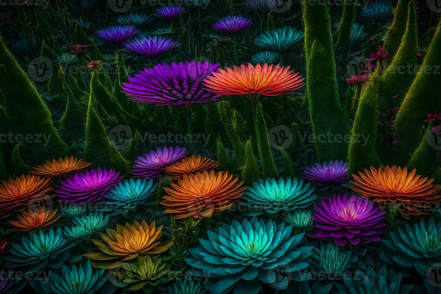 Colorful flowers in a dark field photo