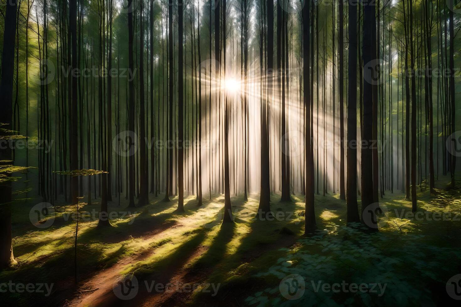 The sun shines through the trees in a forest photo
