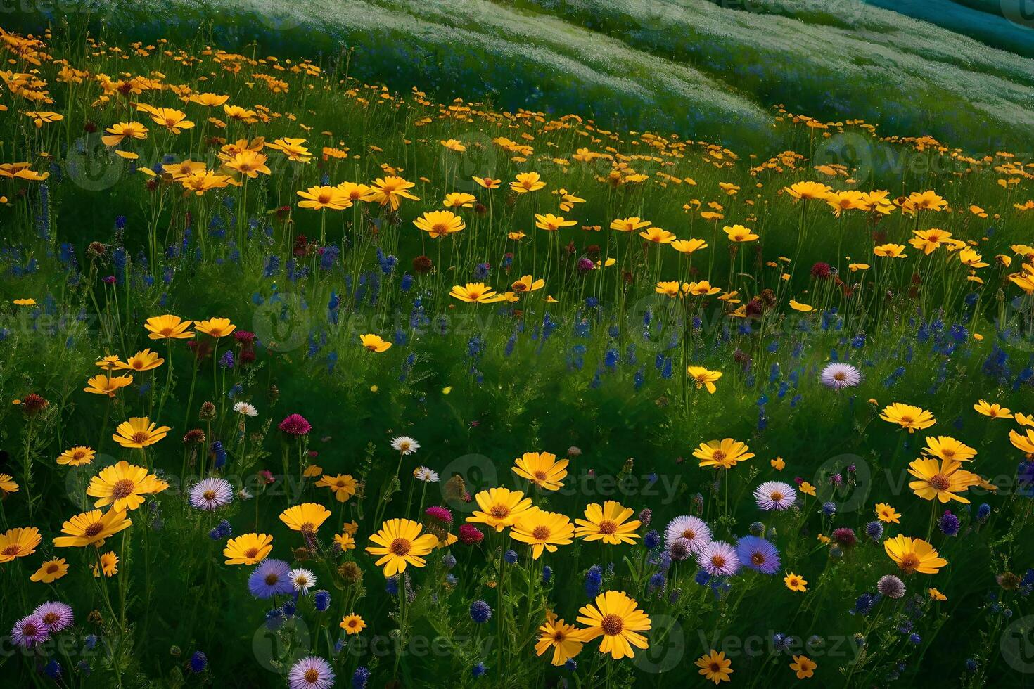A field of wildflowers with a mountain in the background photo