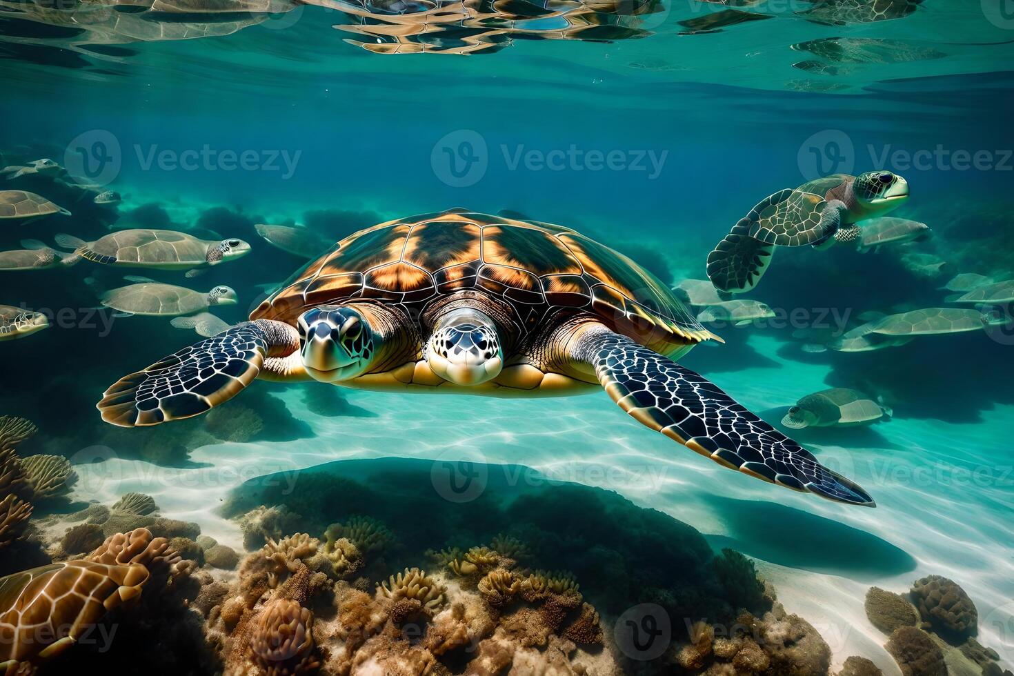A turtle swimming in the ocean with other fish photo