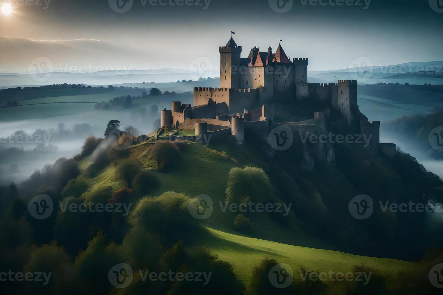 A castle sits on top of a hill in the fog photo
