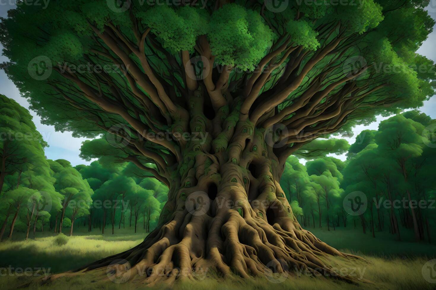 An illustration of a large tree in the forest photo