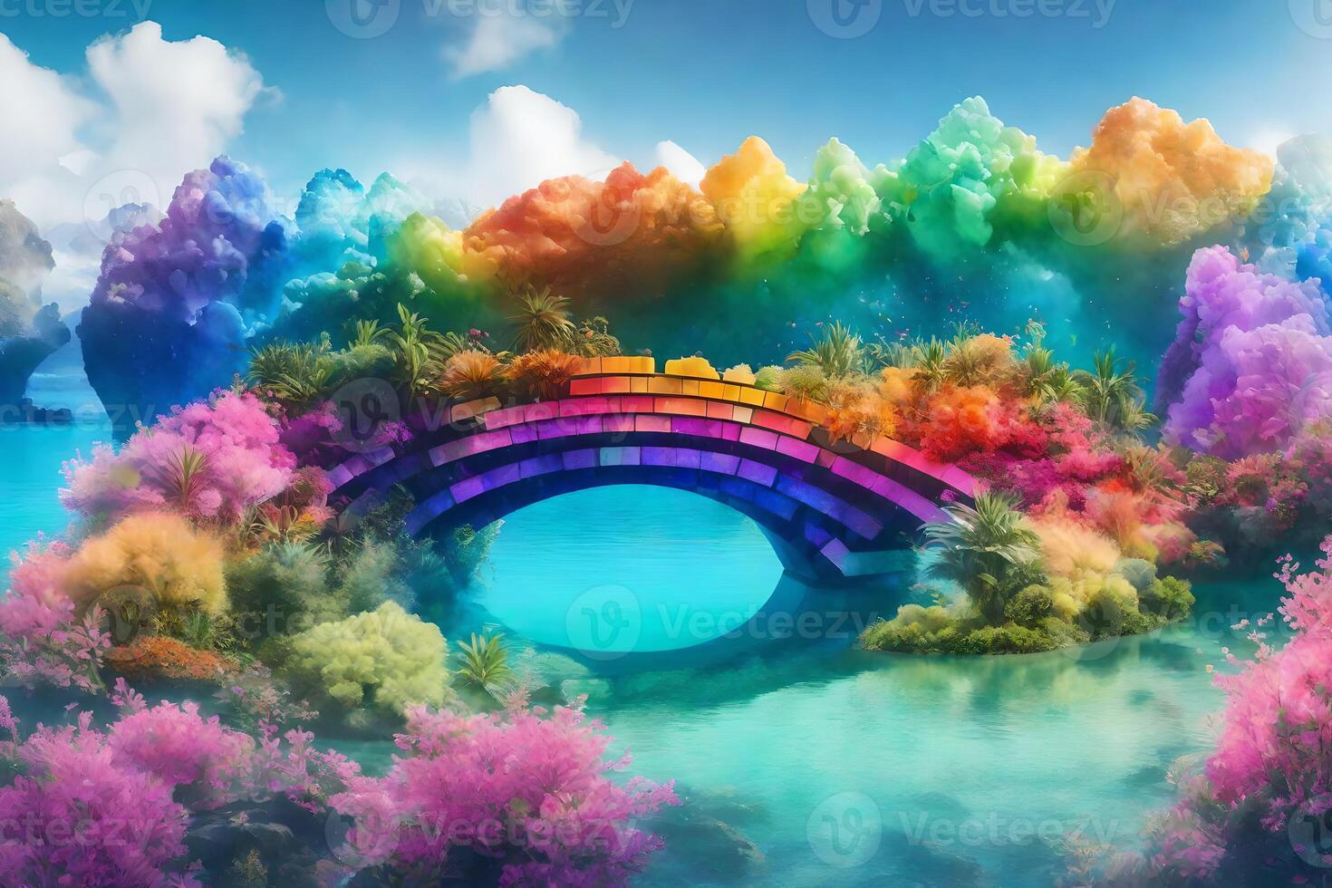 Rainbow bridge over water with trees and clouds photo